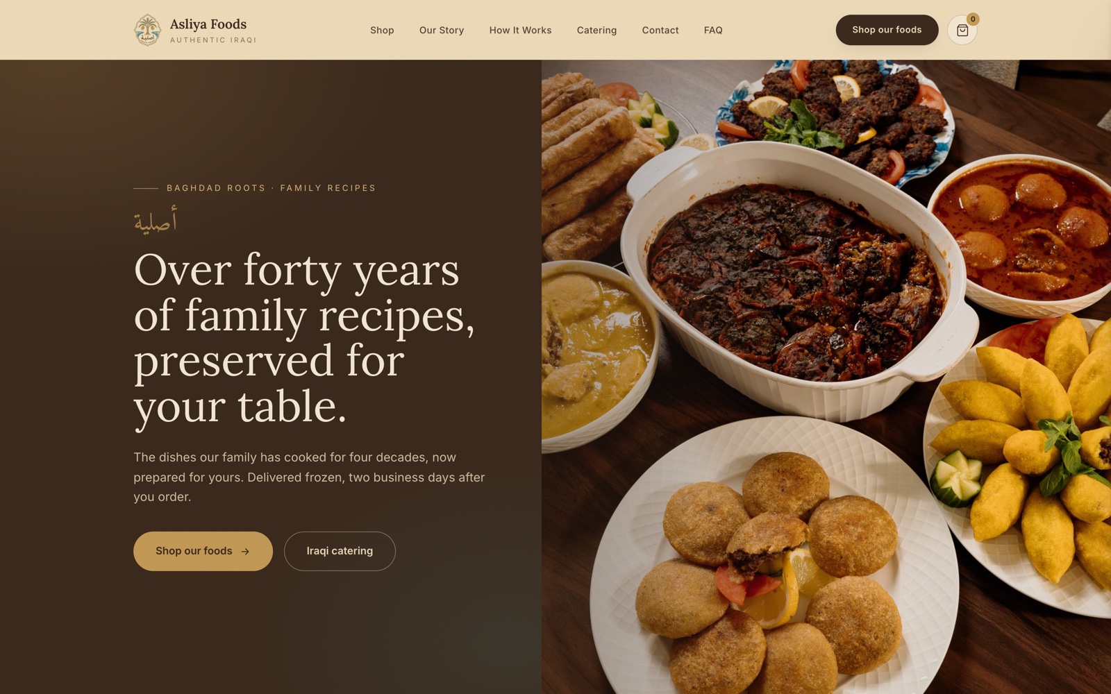 The Asliya Foods homepage: a full-bleed photograph of Iraqi dishes under the headline 'Iraqi food, made the way it was taught.'