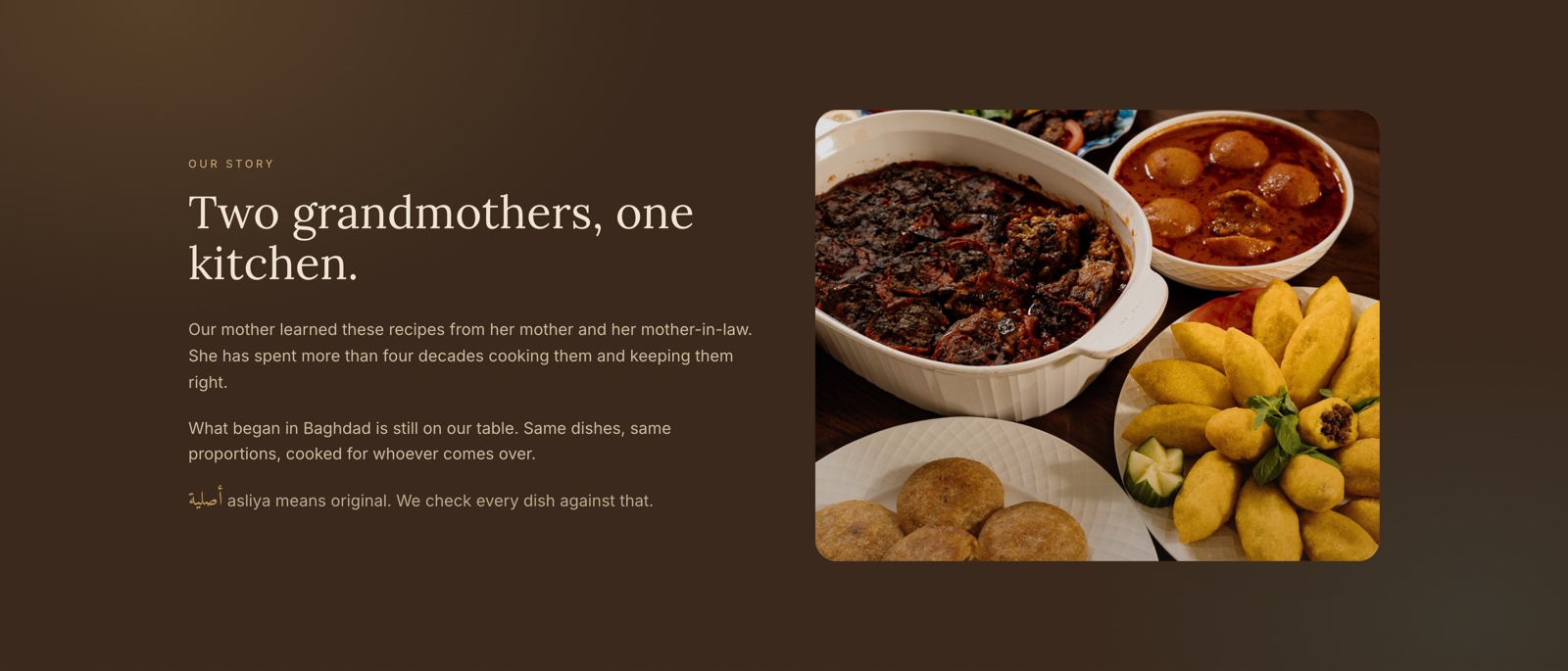 The story section, with family photography beside the text and the Arabic name set inline.
